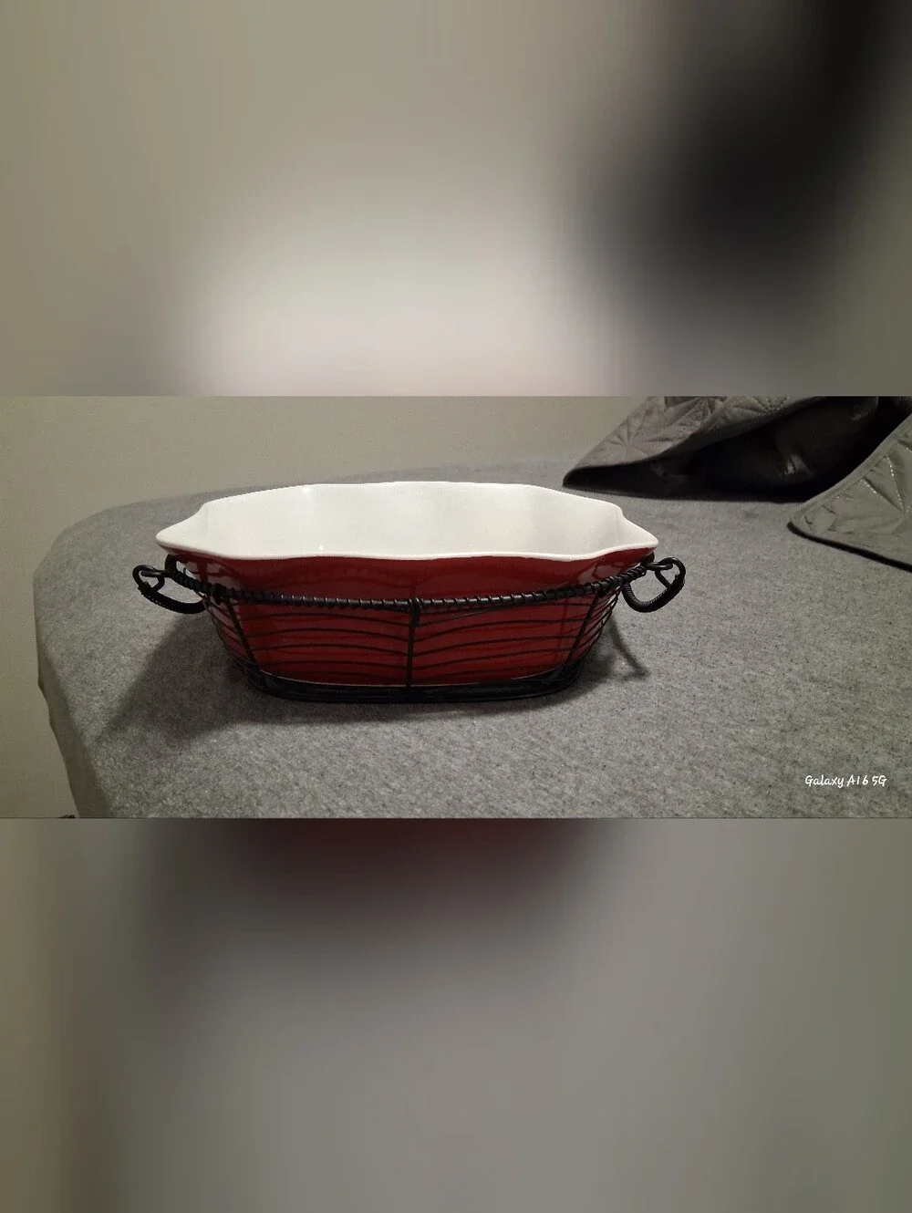 Red Ceramic Serving Dish with Black Wire Basket